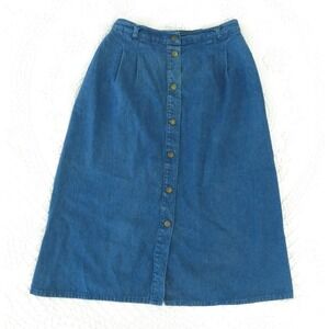 Vintage Vermont Country Store 16 Midi Skirt Blue Denim Snap Front Academia